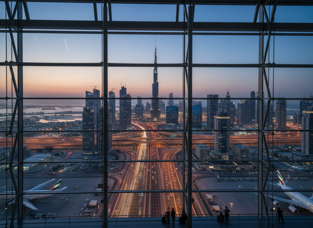 view from Dubai airport terminal toward city skyline.
