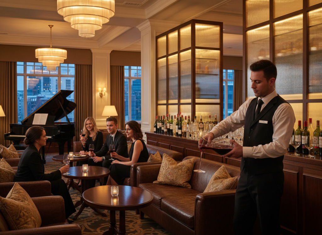 luxury hotel lounge cocktail hour, bartender pouring wine, soft ambient lighting.
