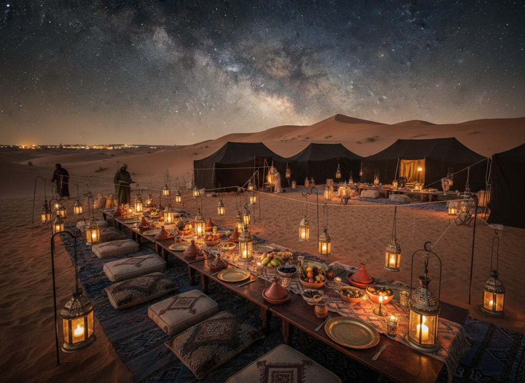 Moroccan desert dinner under stars lantern lit camp dunes Marrakech
