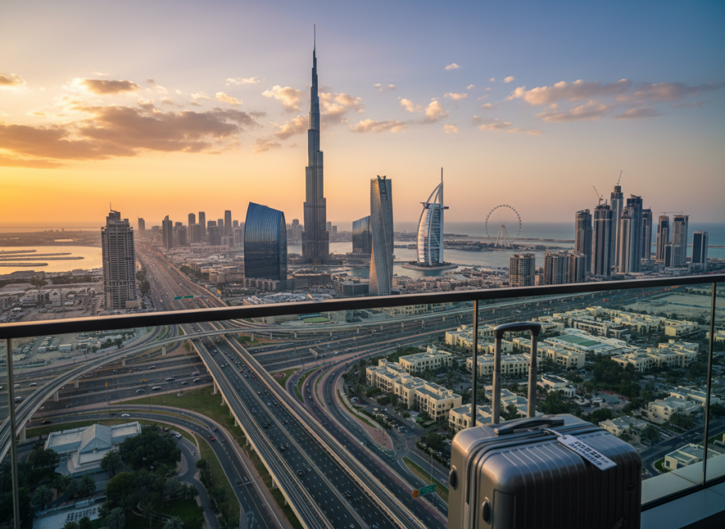 “Dubai skyline during sunset seen by transit travellers leaving the airport.