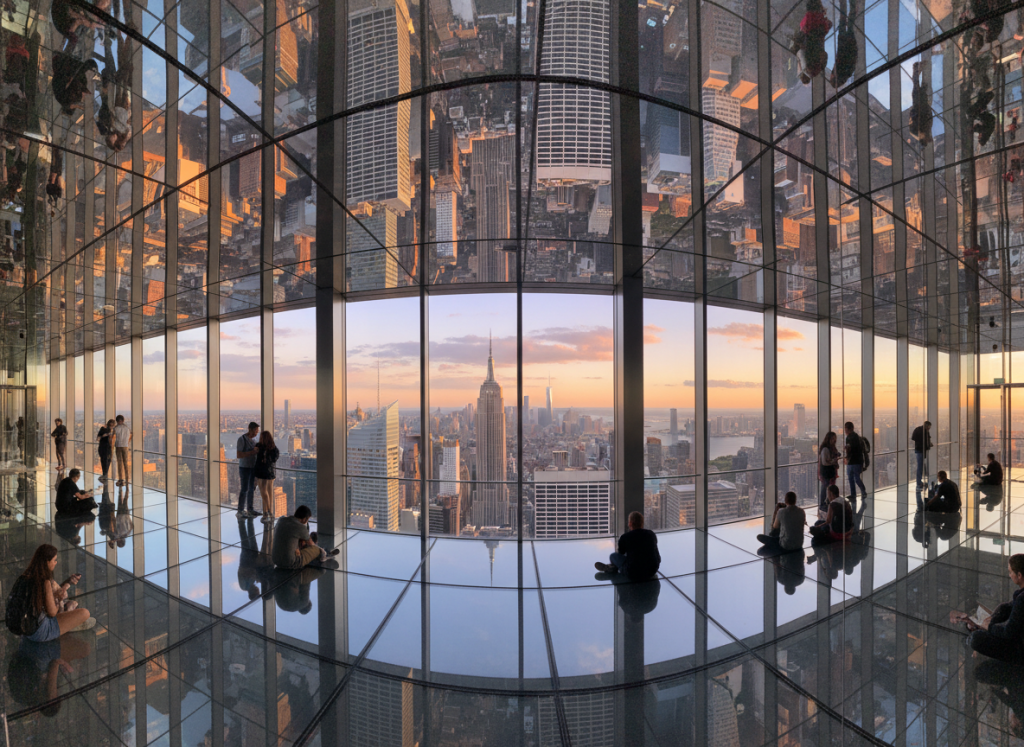 Mirrored observation deck at SUMMIT One Vanderbilt overlooking New York skyline.