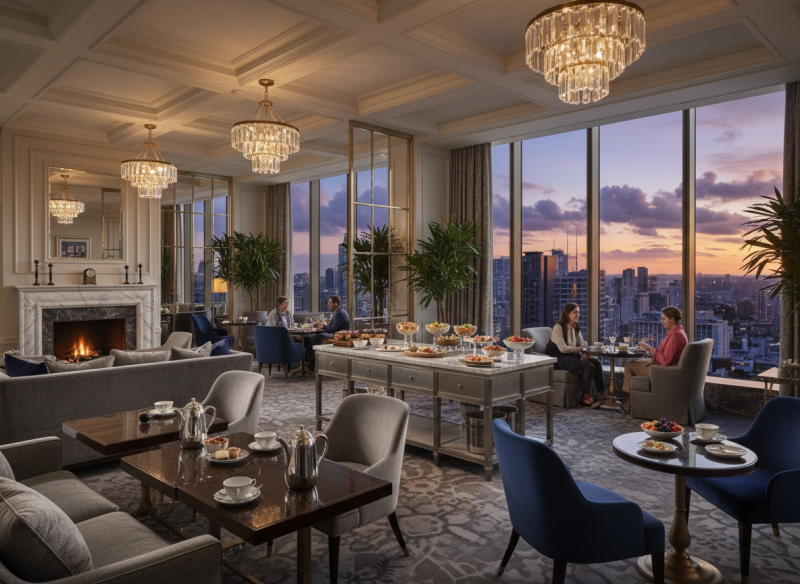 Luxury Ritz-Carlton style Club Lounge interior with panoramic city views and elegant seating.