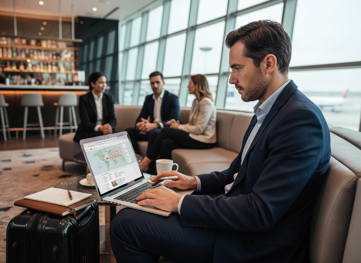 Traveller planning layover trip on phone in airport lounge.