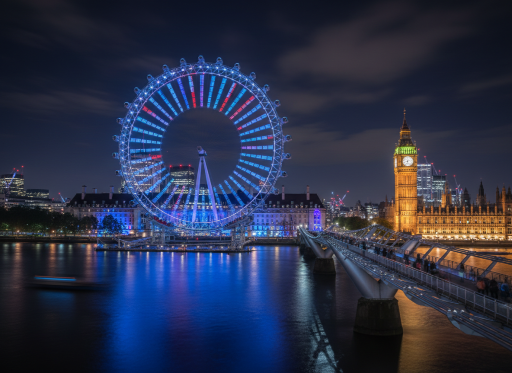 London Eye illuminated at night beside the River Thames.
