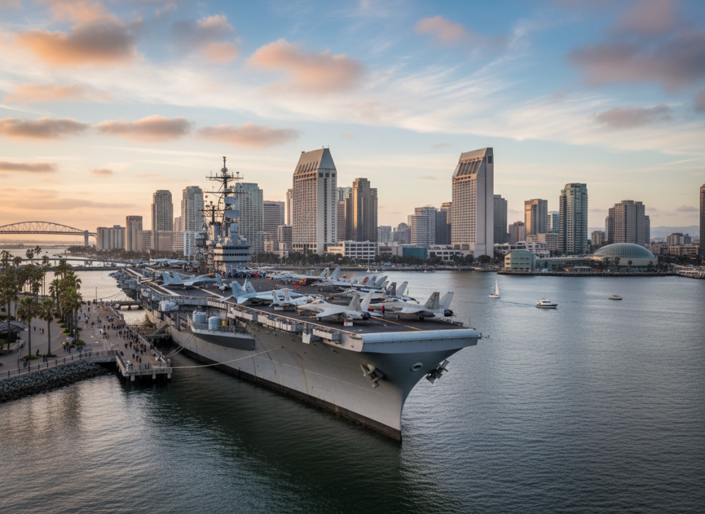 USS Midway aircraft carrier docked in San Diego harbor with skyline.