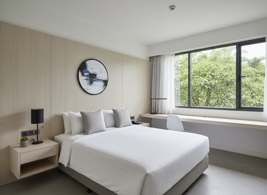 Guest room at Changi Cove Singapore with modern minimalist interior
