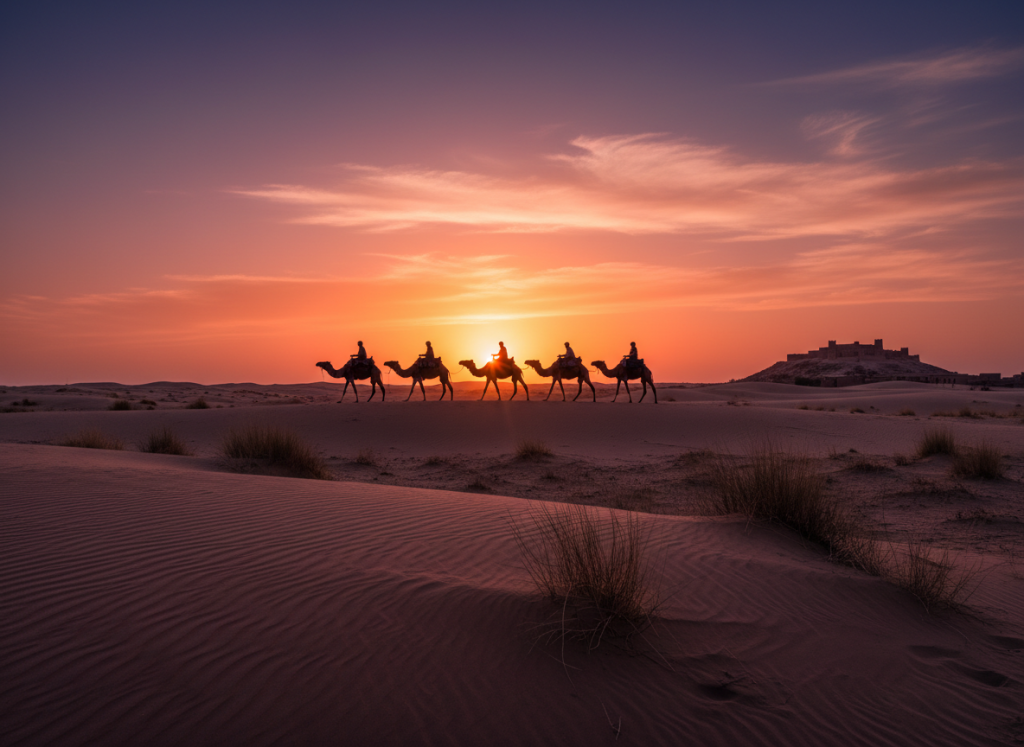 Camel silhouettes at sunset in Marrakech desert
