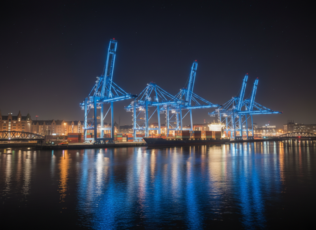 Illuminated cargo cranes in the Port of Hamburg at night.
