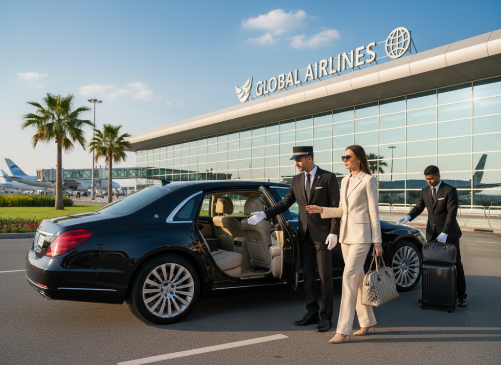 Professional chauffeur assisting first class passenger outside international airport
