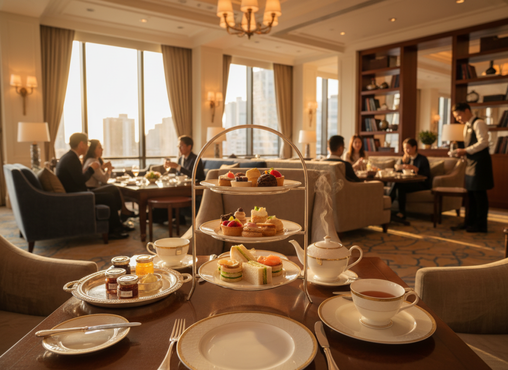 Afternoon tea service inside a Ritz-Carlton Club Lounge with pastries and tea.

