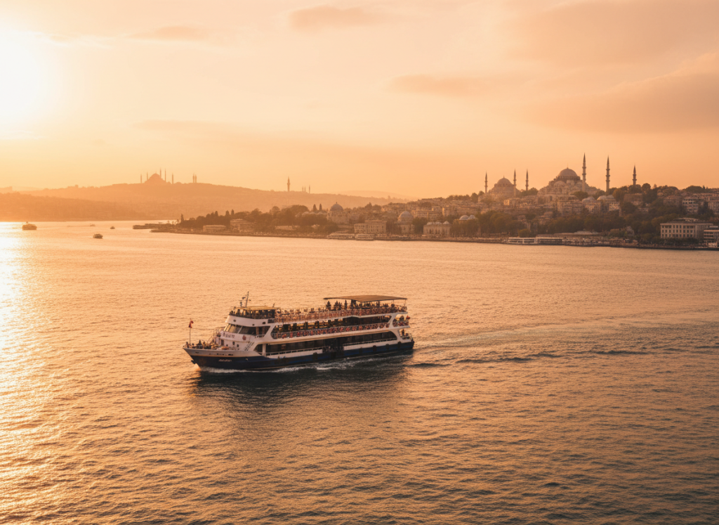 Bosphorus cruise boat sailing in Istanbul at golden hour with skyline in the distance.

