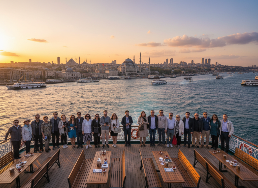 Travelers enjoying Bosphorus cruise deck views in Istanbul.

