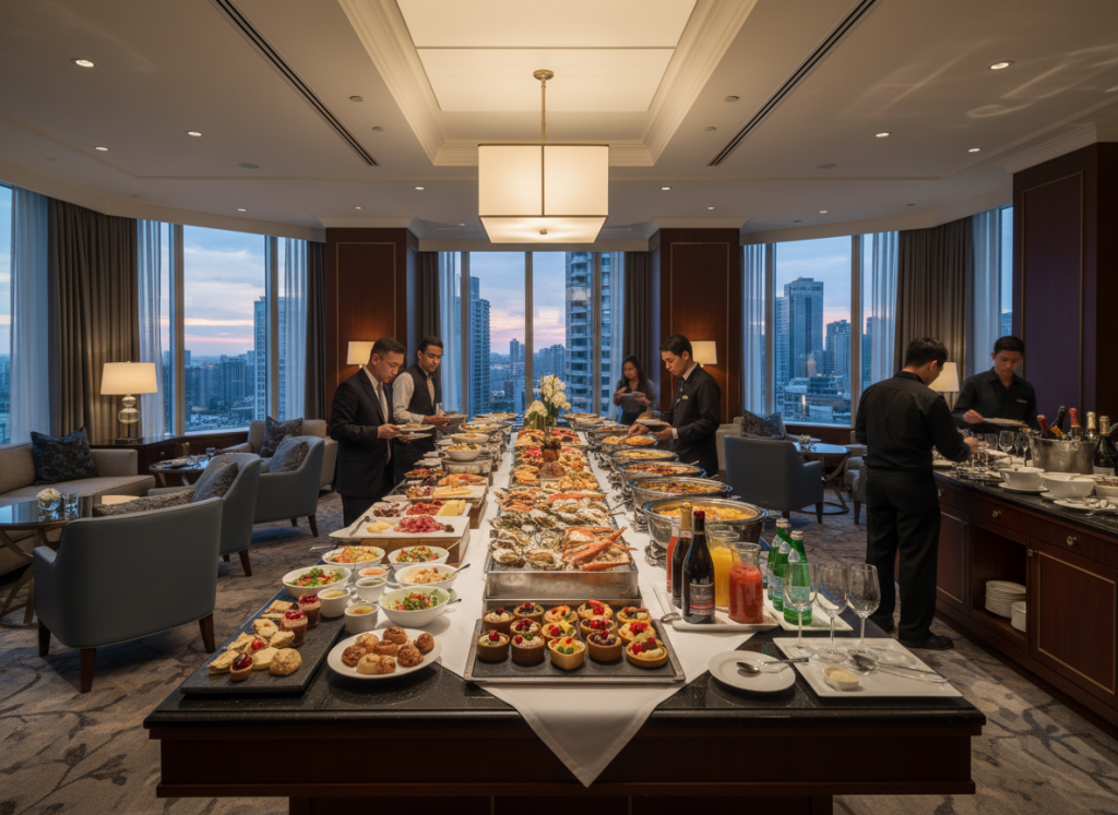Dining presentation inside a Ritz-Carlton Club Lounge with gourmet buffet and drinks.
