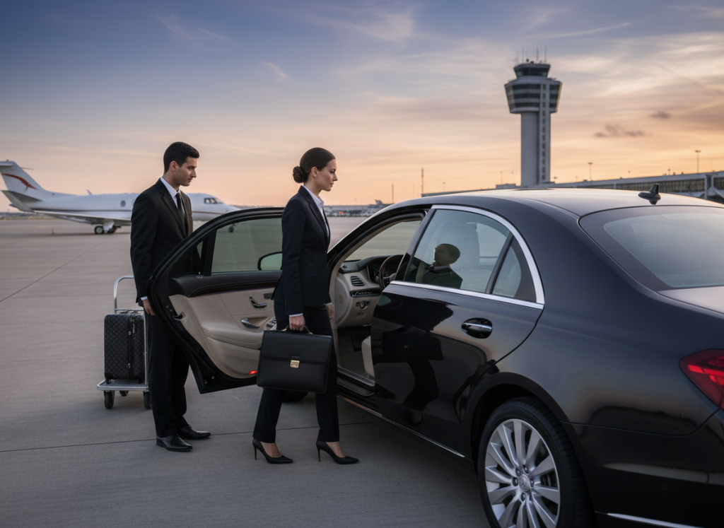Business traveler stepping into luxury airport transfer sedan before departure
