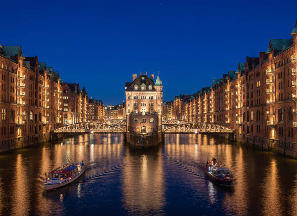 Speicherstadt warehouses glowing at night in Hamburg canal.

