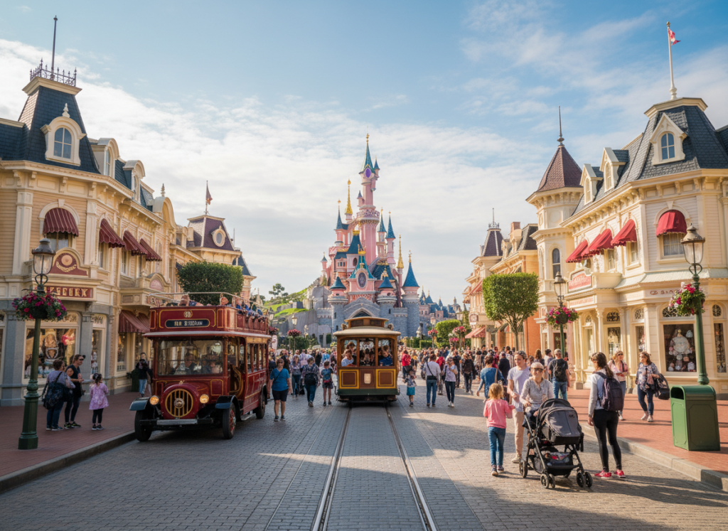 Main Street view inside Disneyland Paris with castle backdrop.
