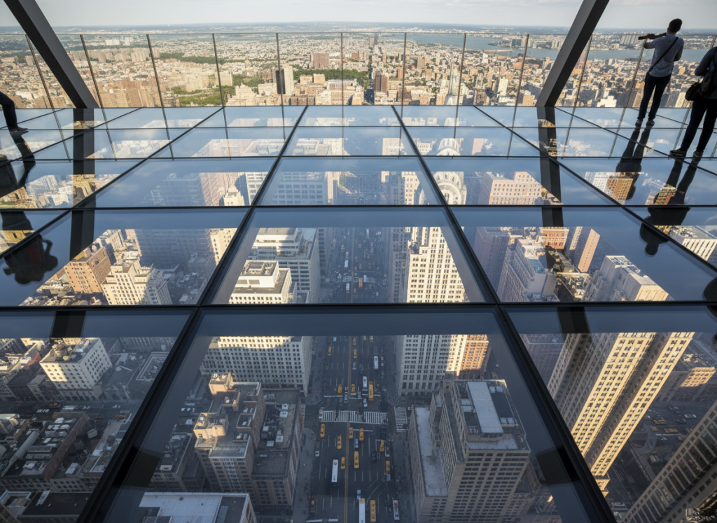 Glass floor view from SUMMIT One Vanderbilt showing Manhattan streets below.
