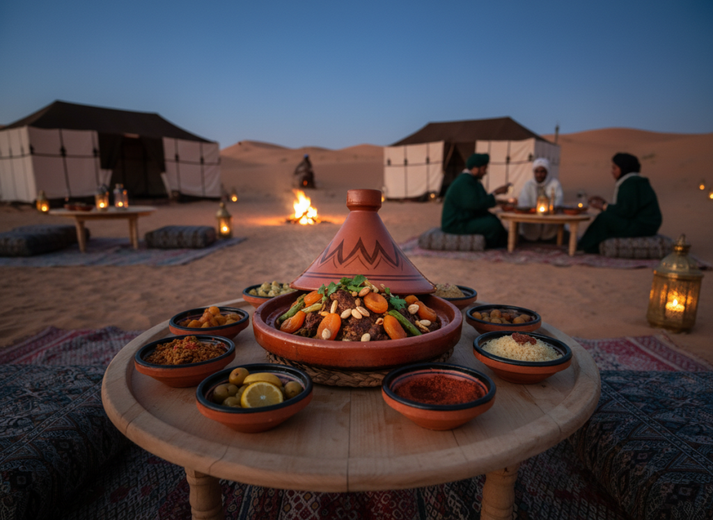 Traditional Moroccan tagine served at desert camp dinner
