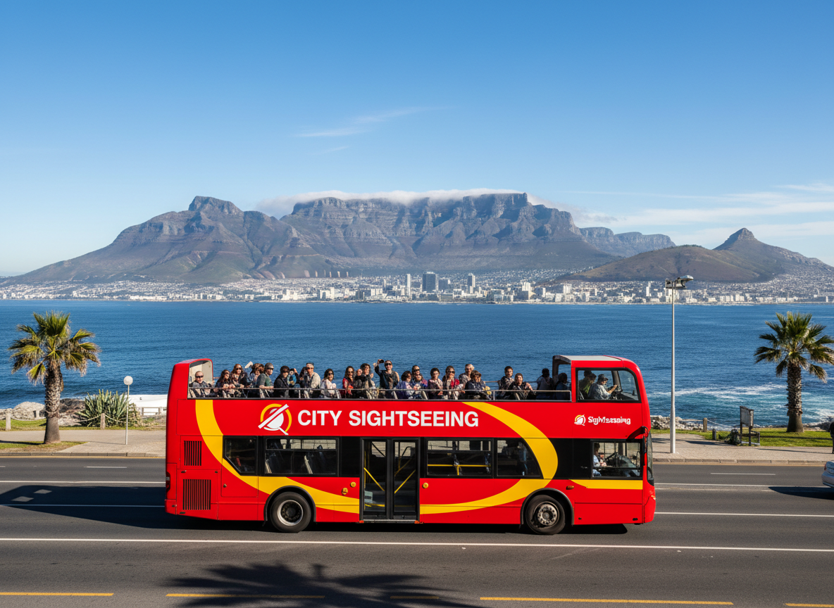 Open top sightseeing bus with Table Mountain in Cape Town