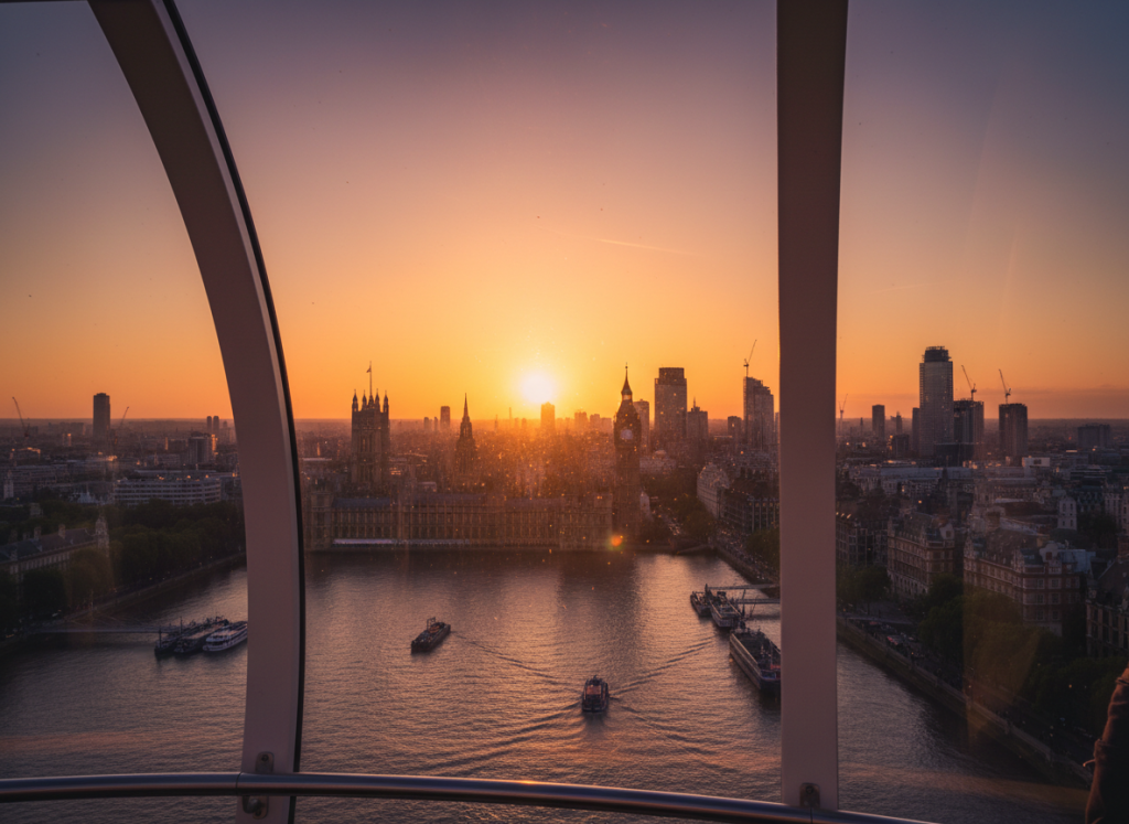London Eye capsule overlooking Thames at sunset with London skyline, cinematic travel photography.