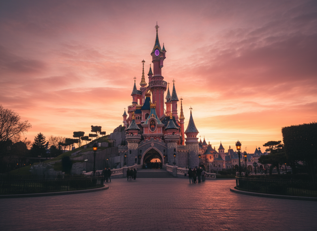 Sleeping Beauty Castle at Disneyland Paris glowing at sunset.