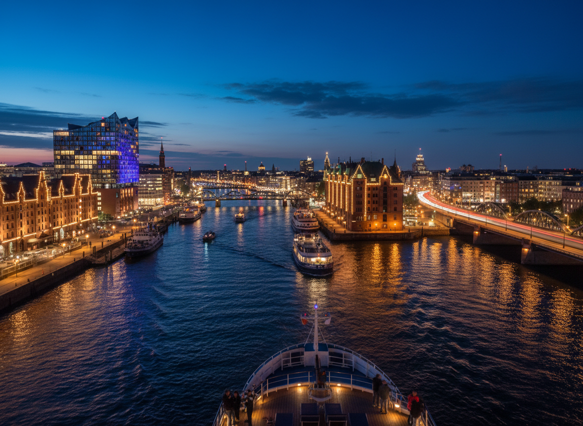 Hamburg harbor illuminated at night during evening cruise.