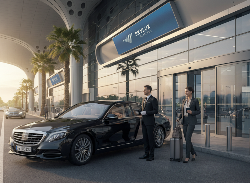 Executive chauffeur service vehicle waiting at airport terminal for premium airline passenger