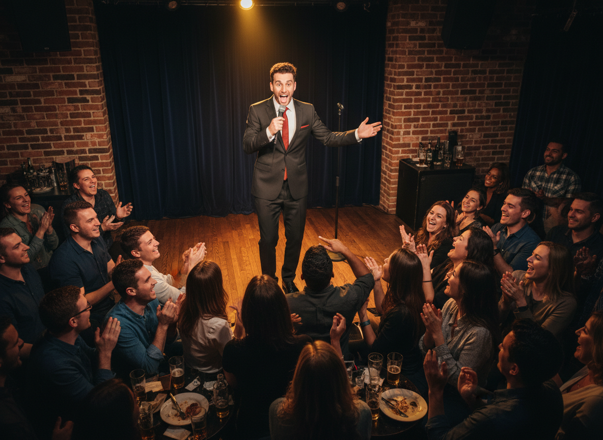 stand up comedian performing on small stage microphone crowd smiling