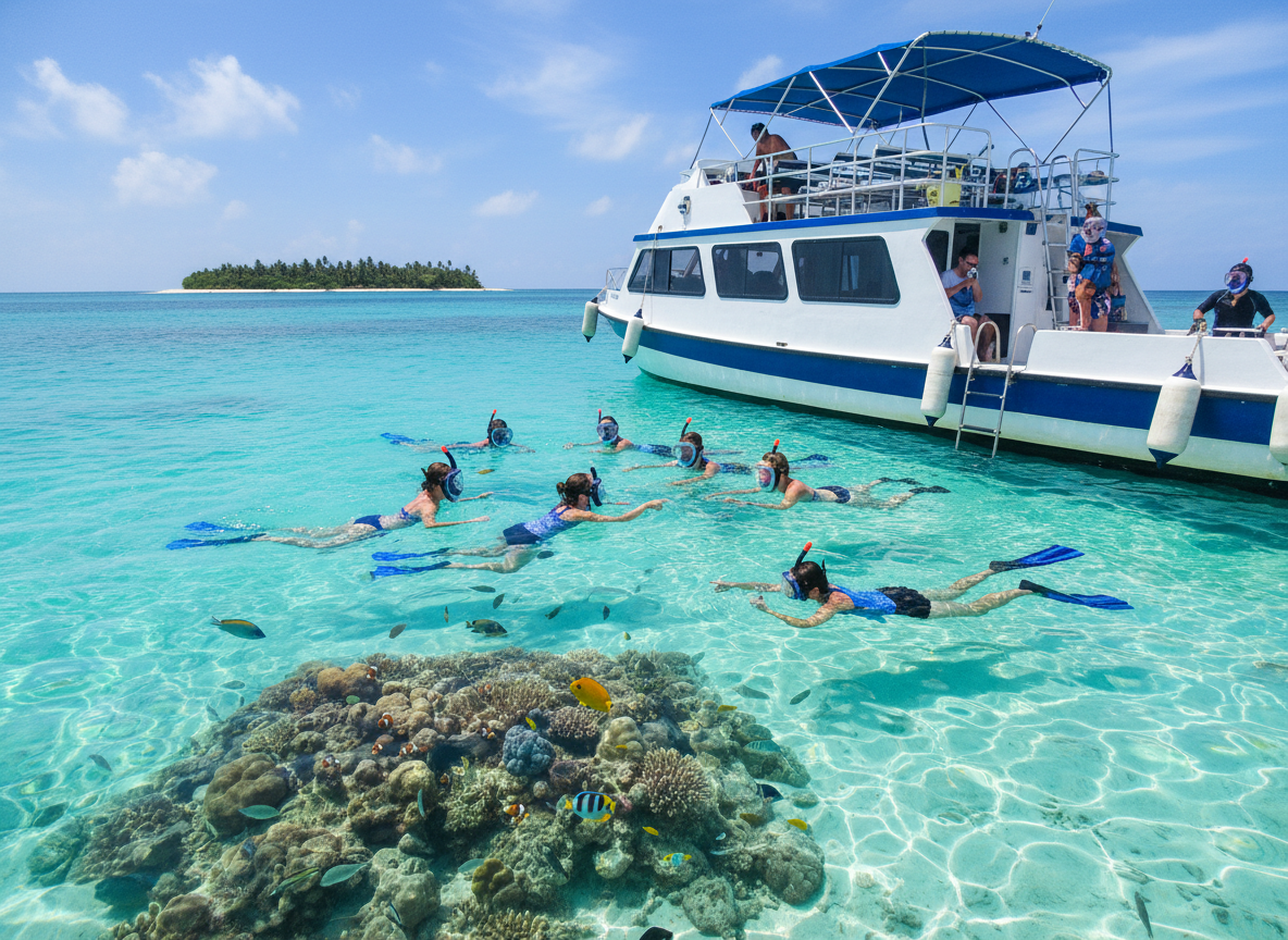 Travelers snorkeling in clear ocean water beside tour boat.