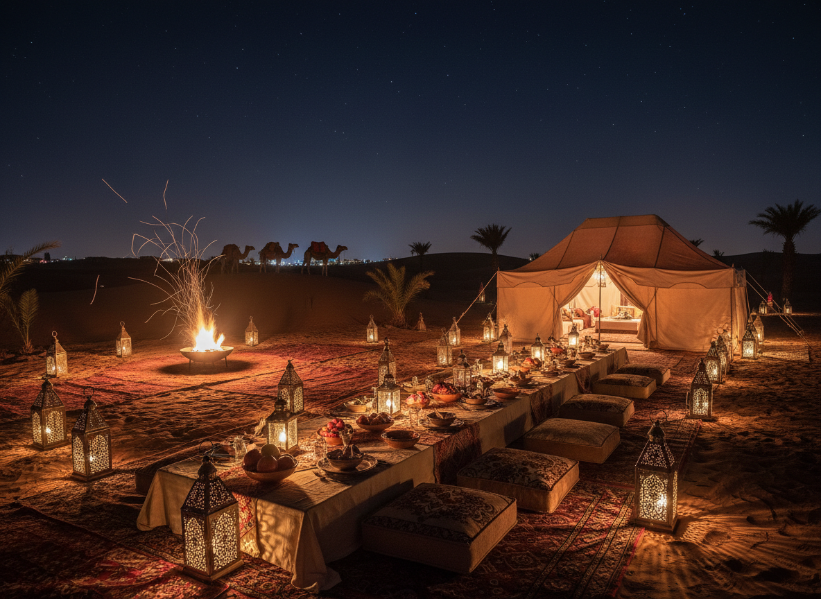 Lantern lit desert dinner setup near Marrakech at night