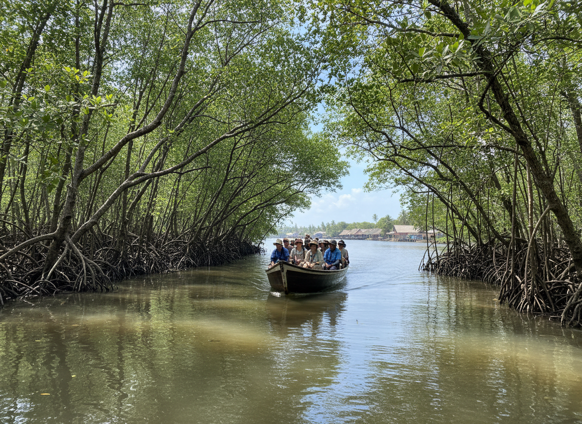 Boat safari moving through mangrove forest on Bentota River