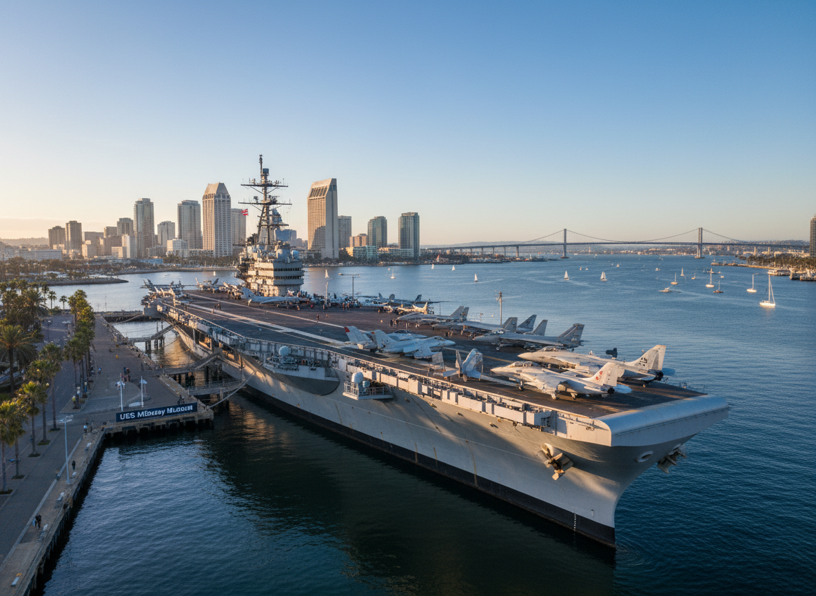 USS Midway aircraft carrier docked in San Diego harbor.