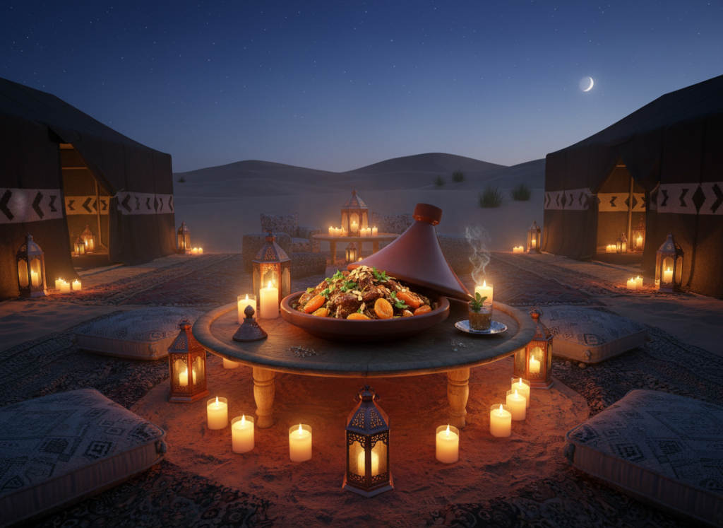 traditional Moroccan tagine served in desert camp with candles
