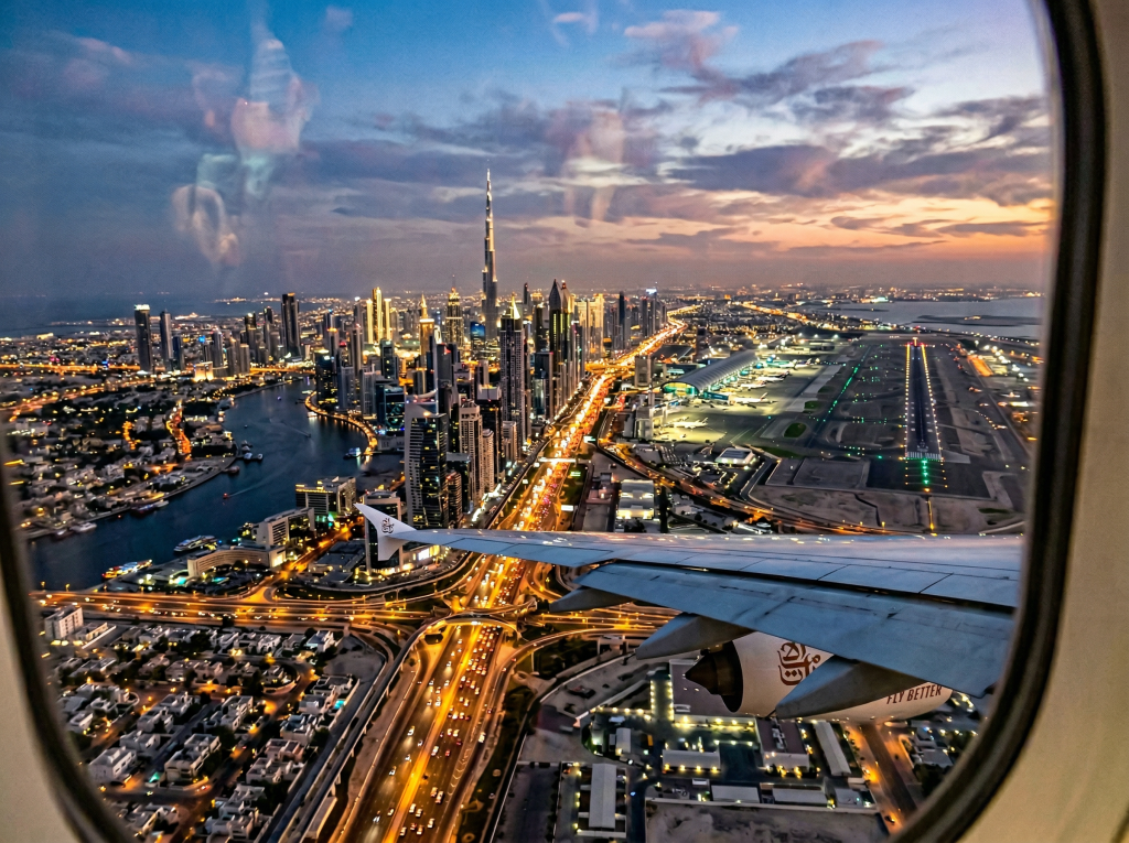 Dubai skyline view during arrival flight into Dubai International Airport
