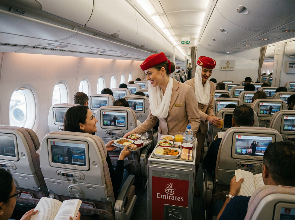 Emirates cabin crew providing service during the A380 flight
