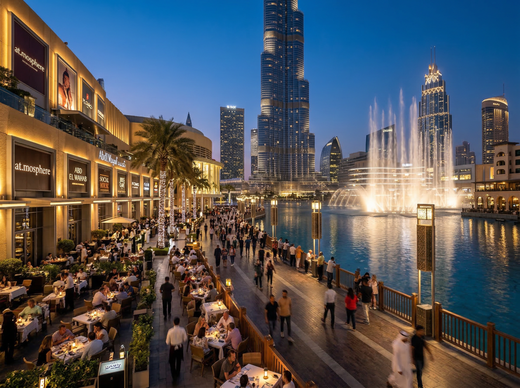 Dubai Mall waterfront promenade restaurants Burj Khalifa view
