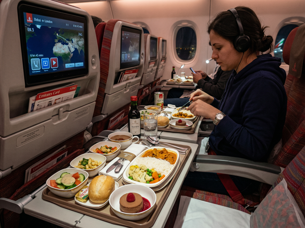 Emirates inflight meal served during long haul flight
