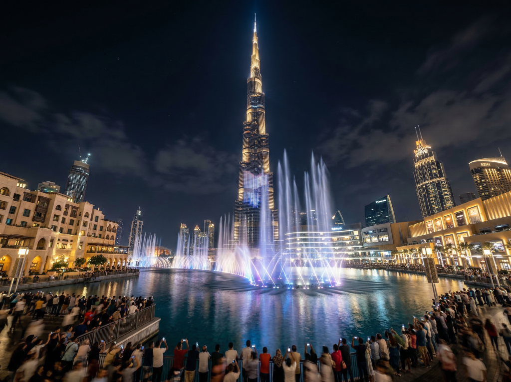 Dubai Fountain night show Burj Khalifa view
