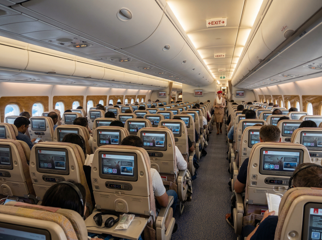 Economy class cabin seating inside the Emirates Airbus A380
