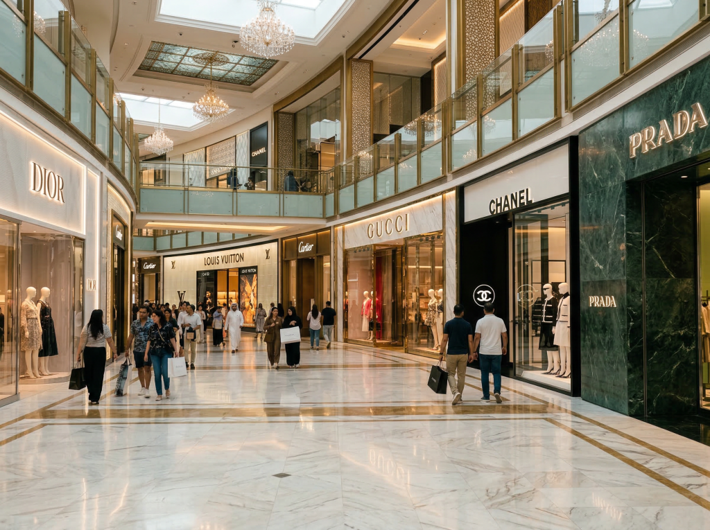 Dubai Mall Fashion Avenue designer stores corridor
