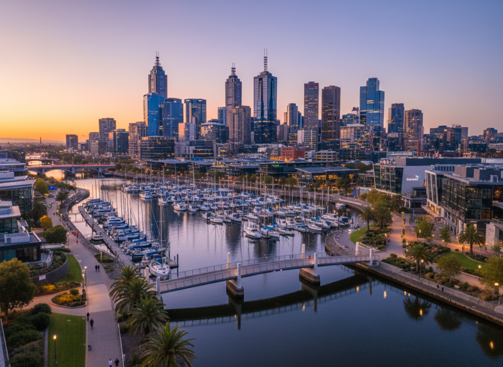 Docklands skyline and marina along Yarra River
