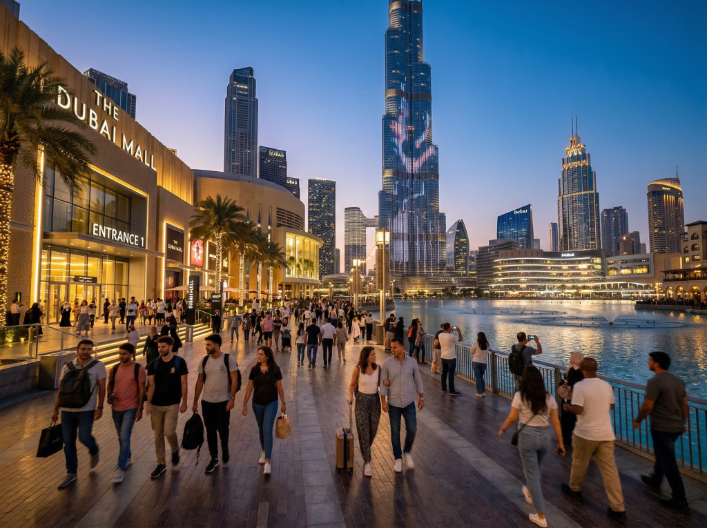 Dubai Mall with Burj Khalifa skyline and travelers walking