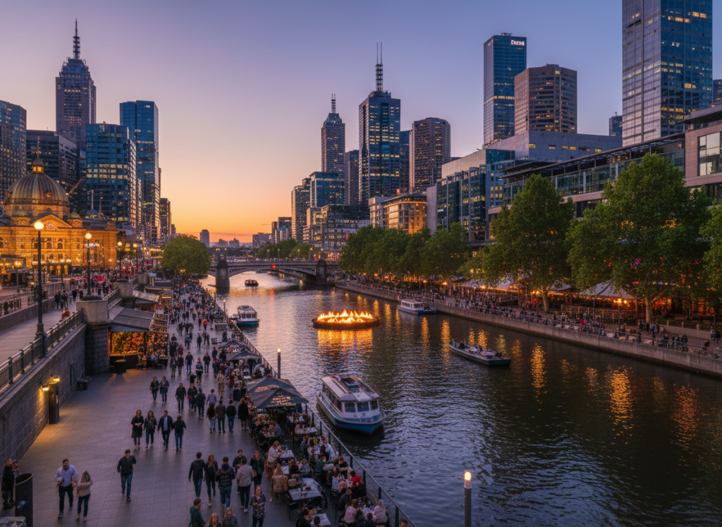 Southbank promenade along Yarra River in Melbourne
