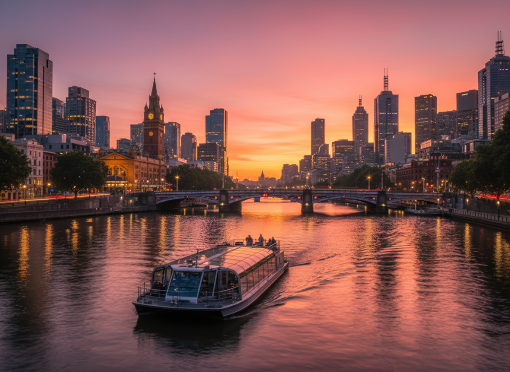 Yarra River cruise at sunset with city lights
