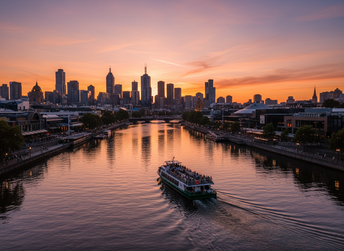 Yarra River cruise with Melbourne skyline and Southbank at sunset
