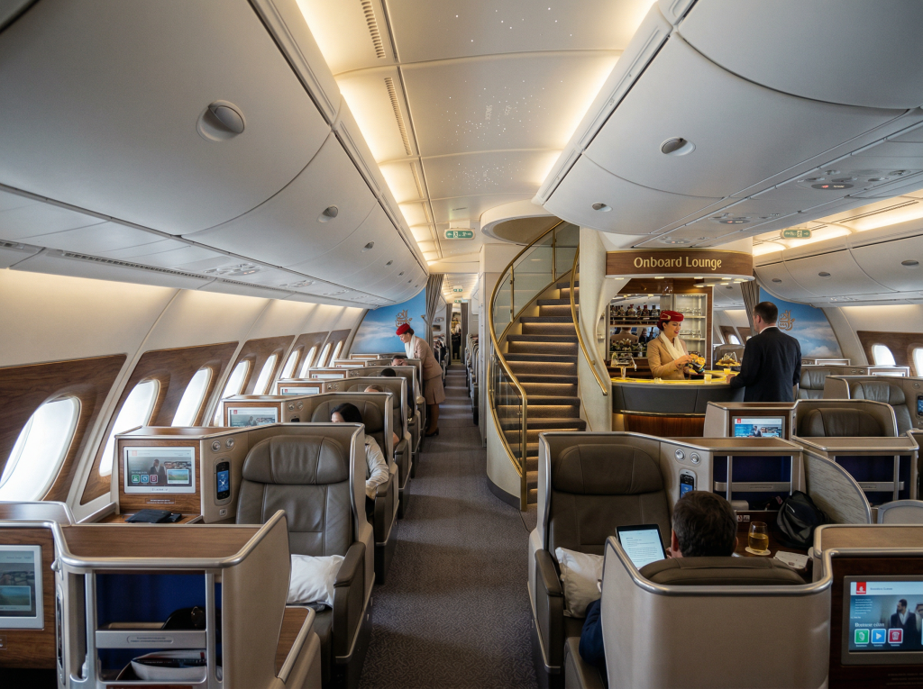 Upper deck interior of the Emirates Airbus A380 aircraft
