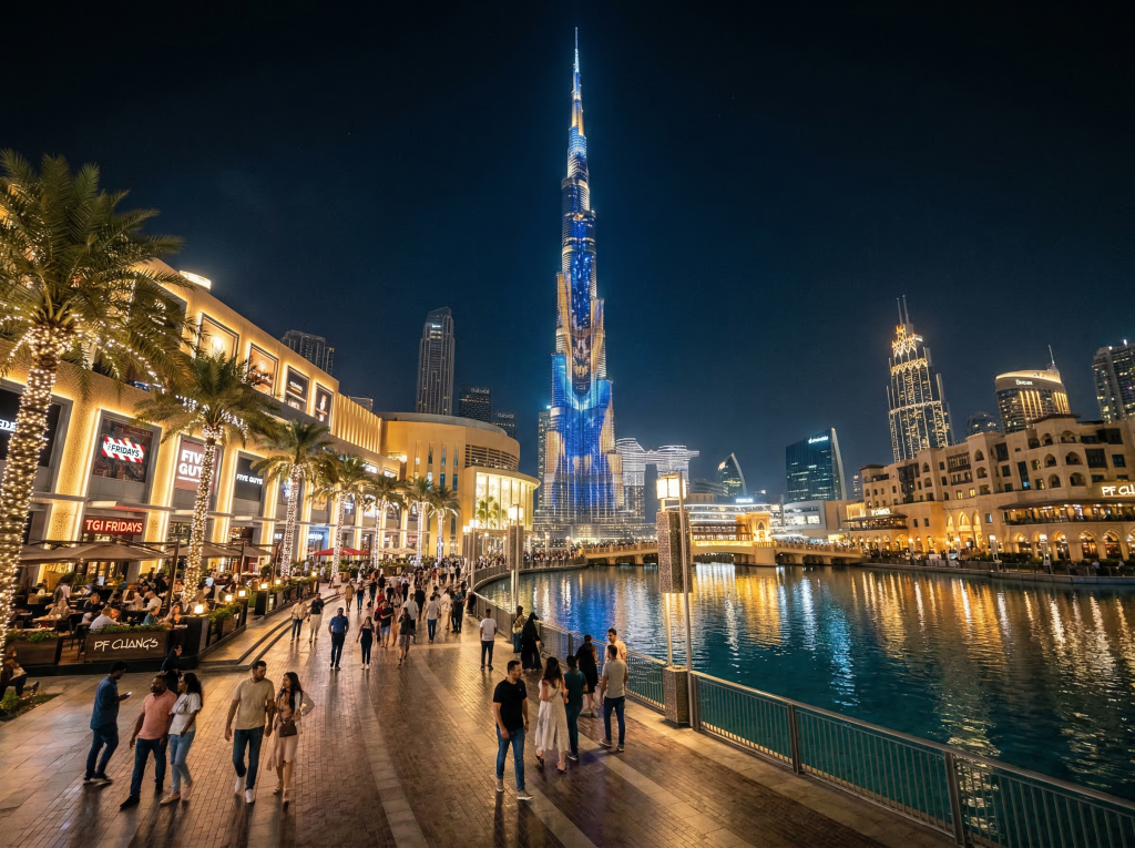 Dubai Mall promenade night view with Burj Khalifa
