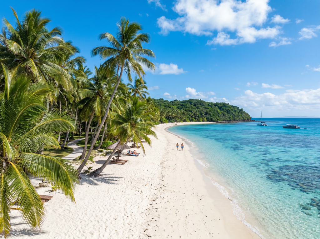 White sand beach and palm trees on Green Island
