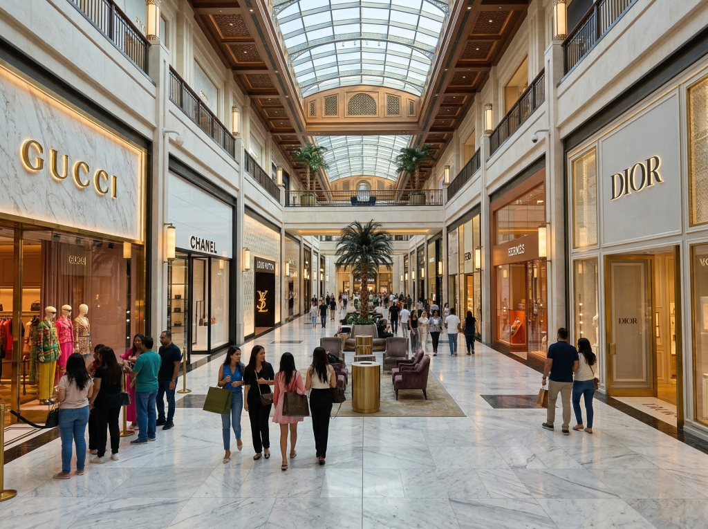 Dubai Mall Fashion Avenue luxury stores corridor
