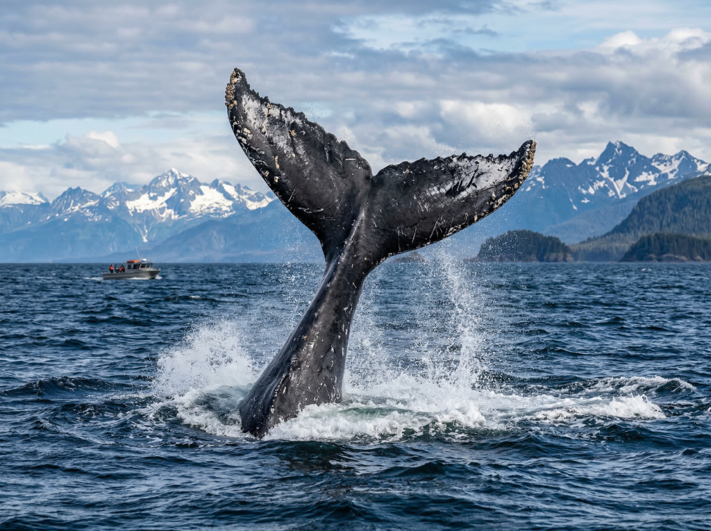 Humpback whale tail diving into ocean during migration
